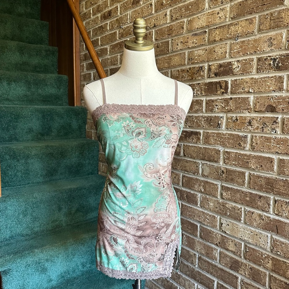 VTG Y2K 90s Hot Tempered Green & Brown Paisley Floral Lace Trim Cami Tank Tip